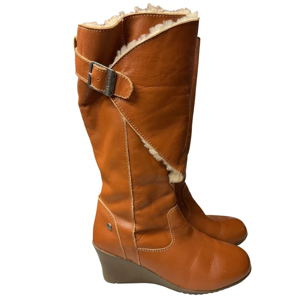 UGG Corinth Shearling Lined Wedge Knee High Leather Buckle Zip Wedge Boots Sz 10